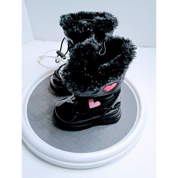 Totes Girls Winter Boots Size 5 Black With Colorful Heart Accents & Faux Fur Lin - Picture 5 of 7